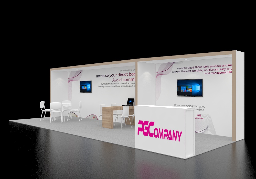 Booth 10x30 with seating and branding wall