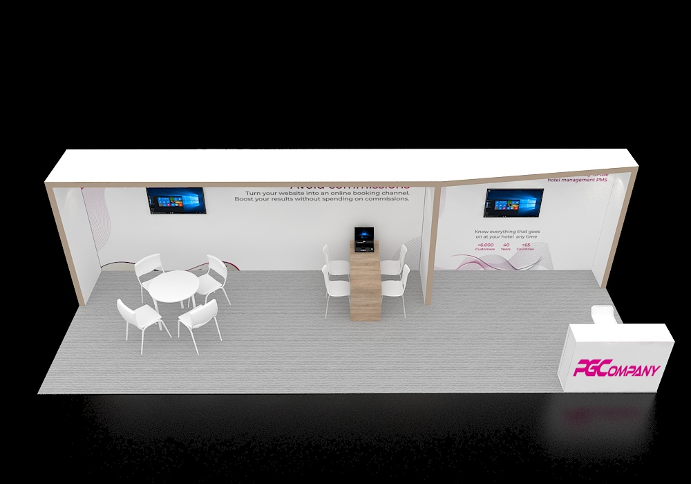 Booth 10x30 with seating and branding wall