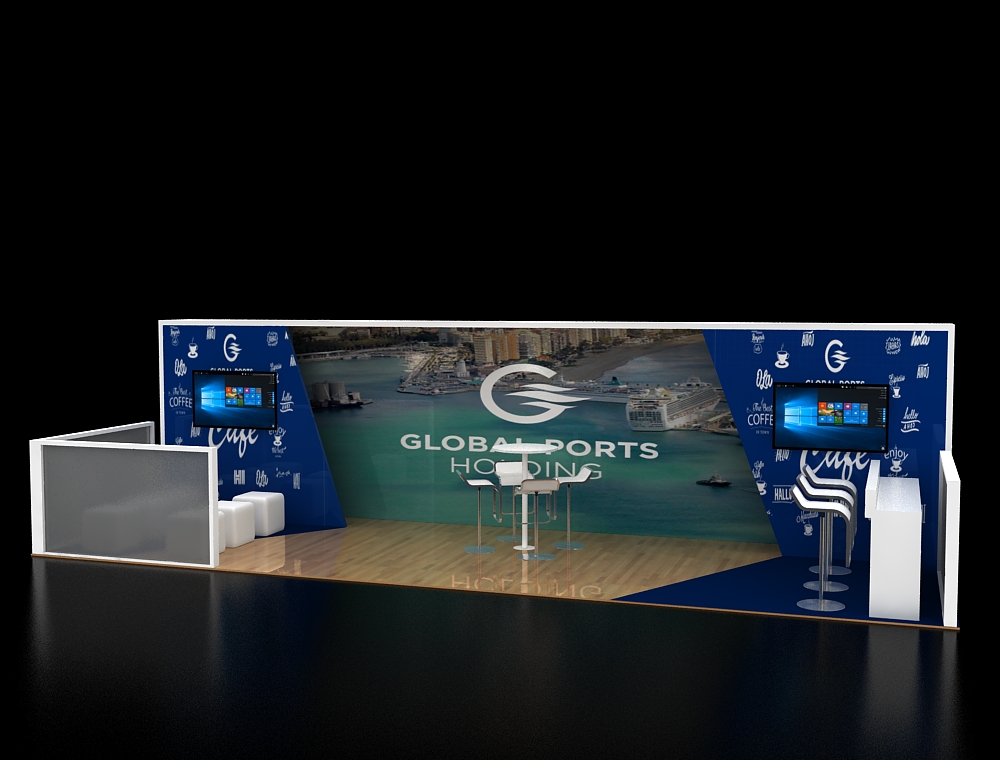 Exhibit stand 10x30 with high fabric tower