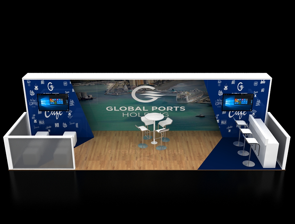 Exhibit stand 10x30 with high fabric tower