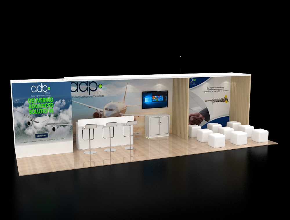 Exhibit stand 10x30 with interactive kiosks