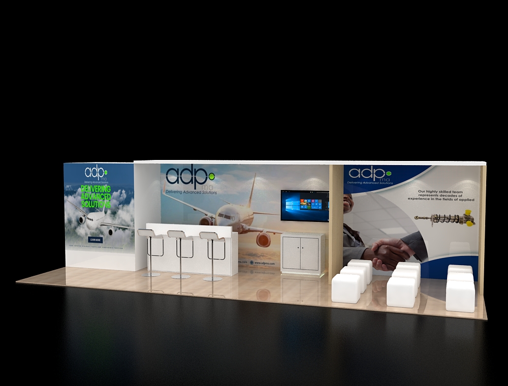 Exhibit stand 10x30 with interactive kiosks