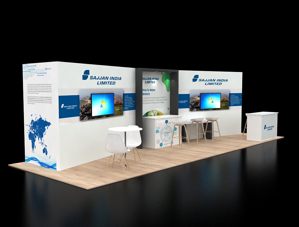 10x30 trade booth with three display towers