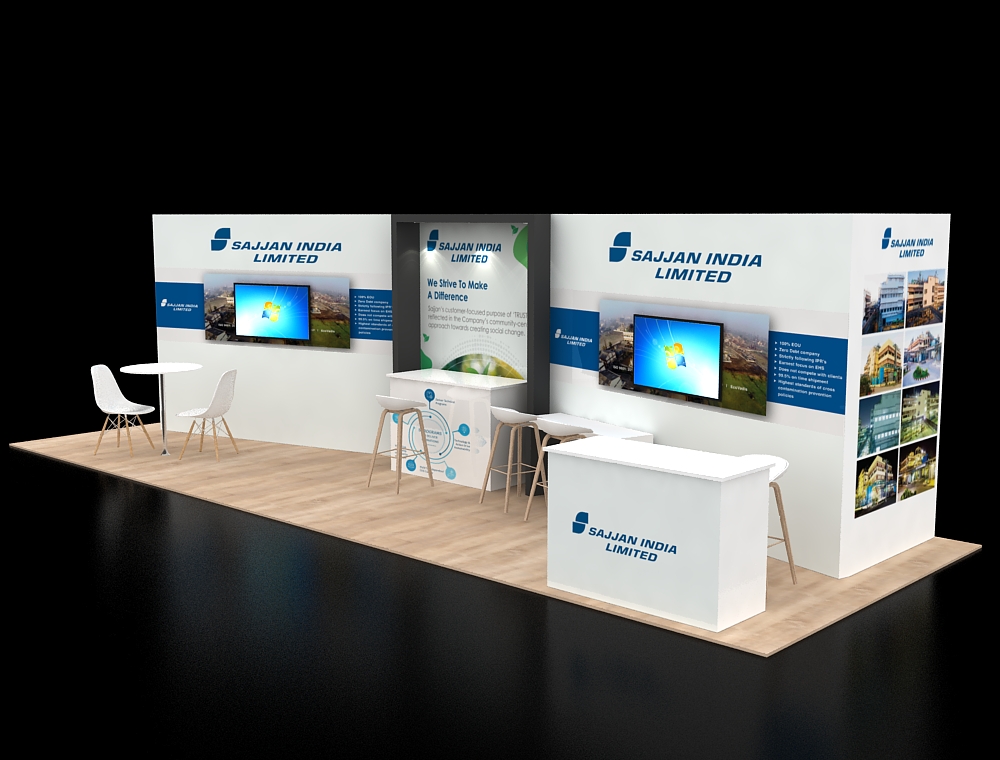 10x30 trade booth with three display towers
