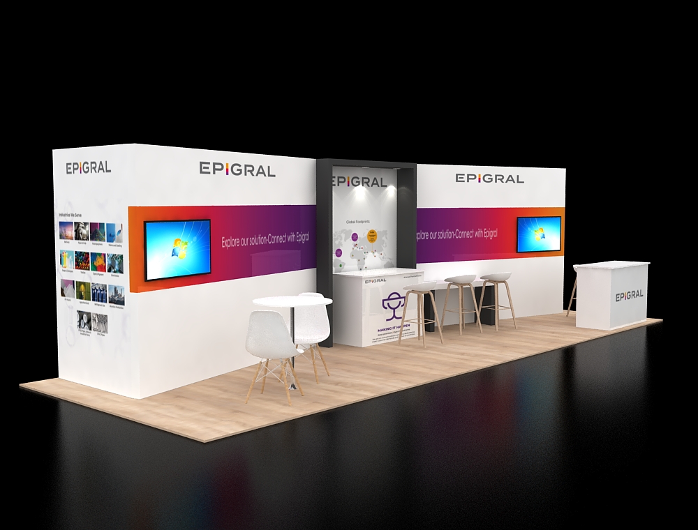 Exhibit booth 10x30 with modern reception desk