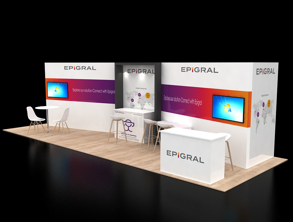 Exhibit booth 10x30 with modern reception desk