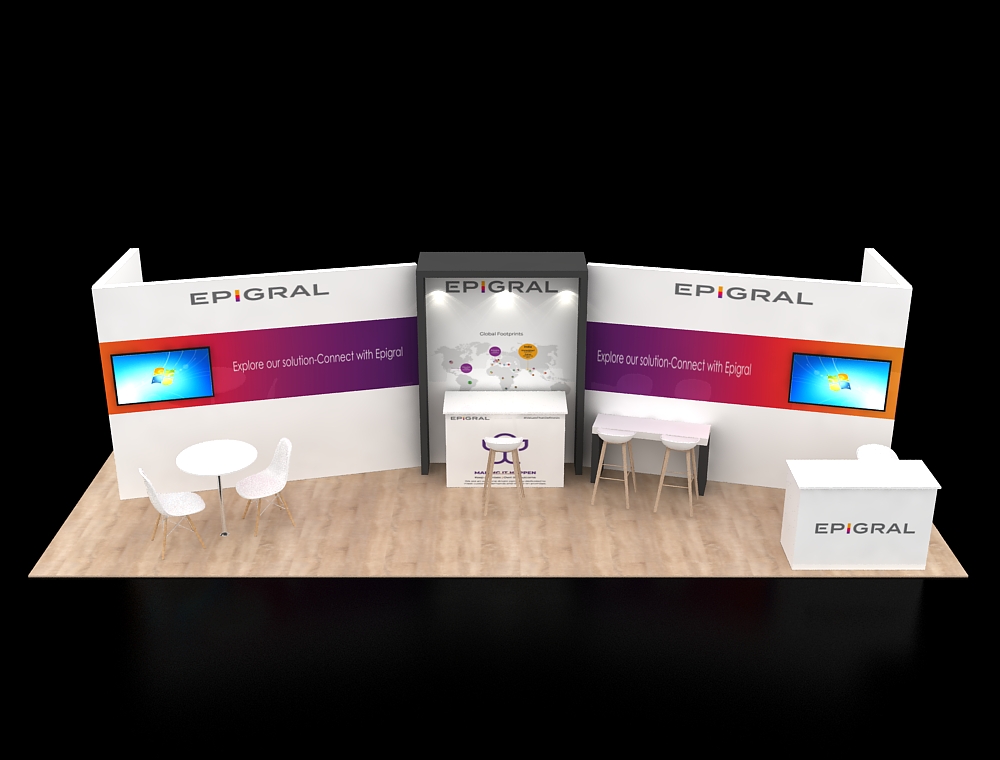 Exhibit booth 10x30 with modern reception desk
