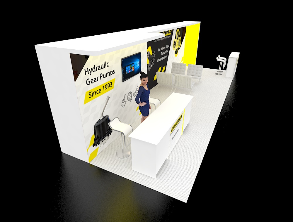 10x30 booth with demo stations and graphics