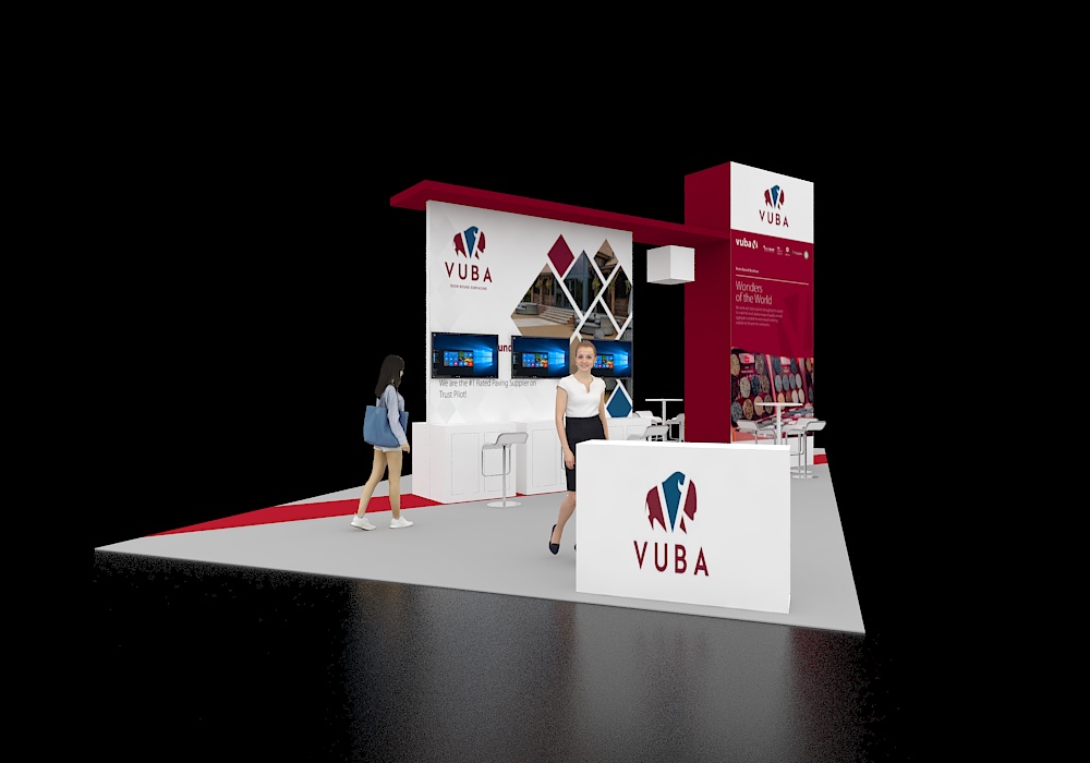 20x40 booth featuring brand promotions and graphics