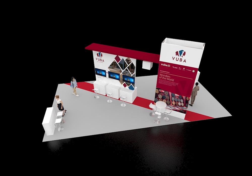 20x40 booth featuring brand promotions and graphics