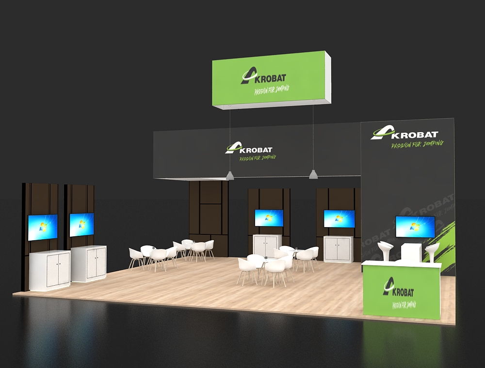 Trade booth 30x30 with corner demo and seating