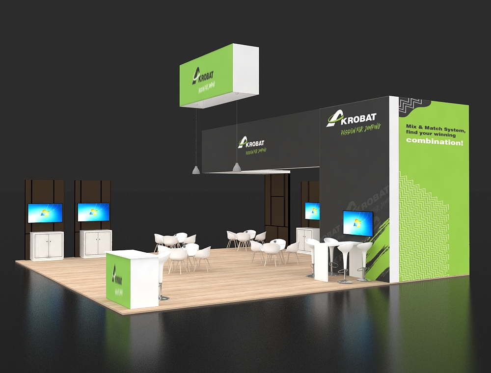 Trade booth 30x30 with corner demo and seating