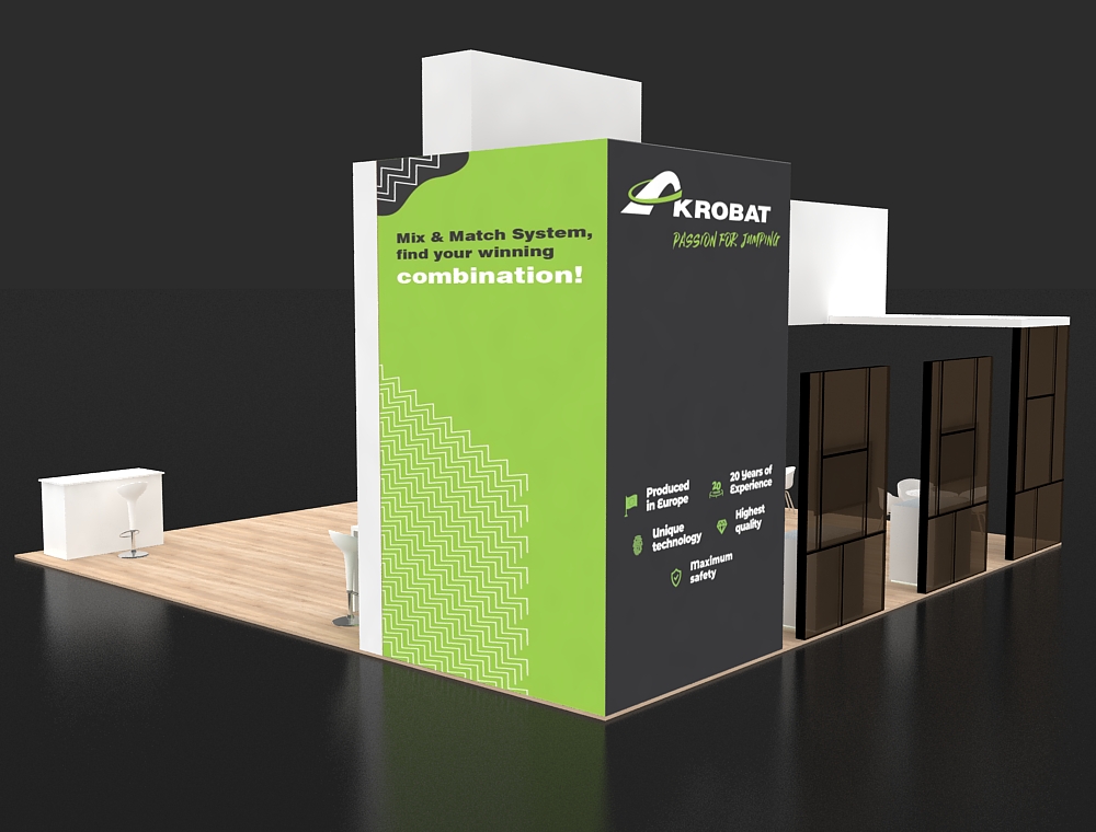 Trade booth 30x30 with corner demo and seating
