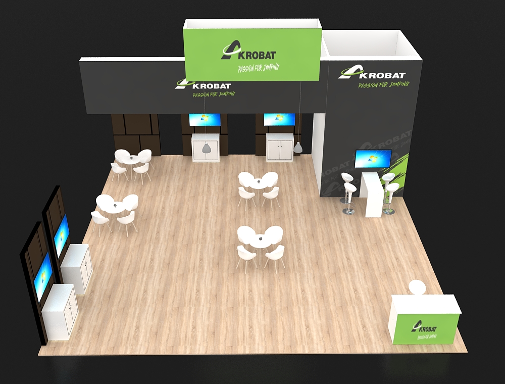 Trade booth 30x30 with corner demo and seating