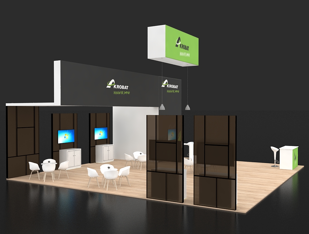 Trade booth 30x30 with corner demo and seating