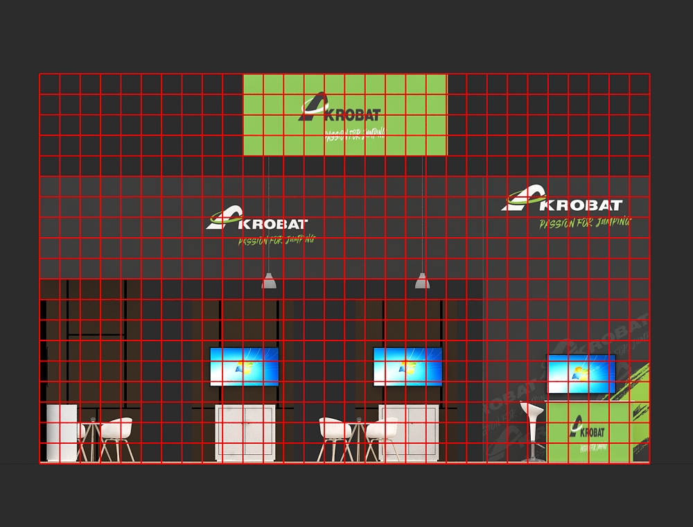 Trade booth 30x30 with corner demo and seating