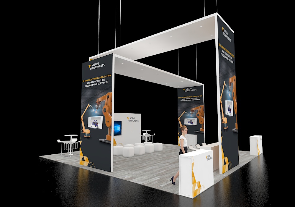 30x30 booth with central reception and counters