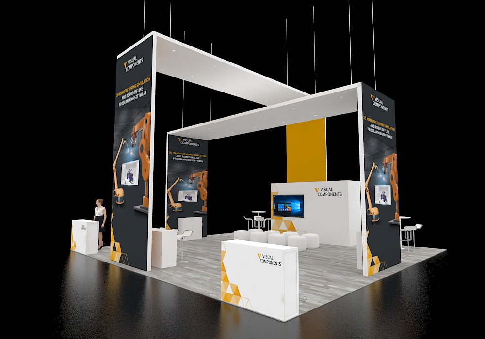 30x30 booth with central reception and counters