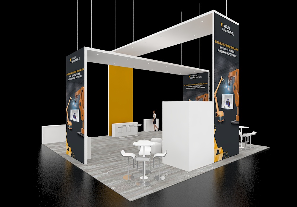 30x30 booth with central reception and counters