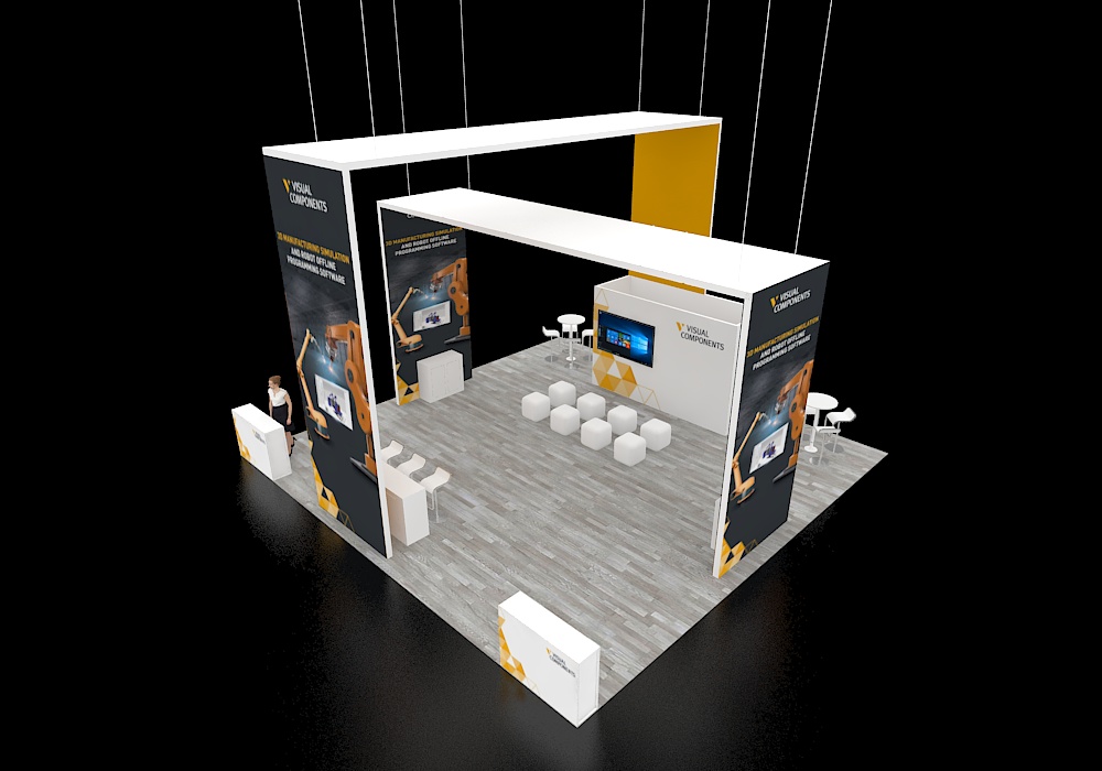 30x30 booth with central reception and counters