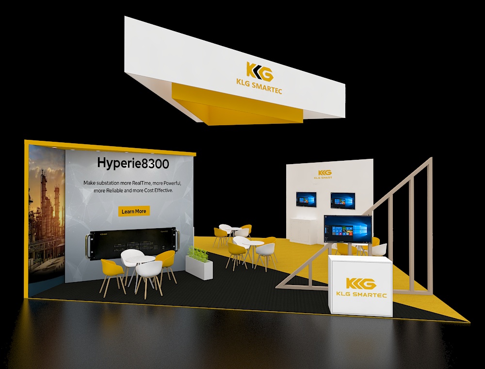 30x30 exhibit with corner counters and signage