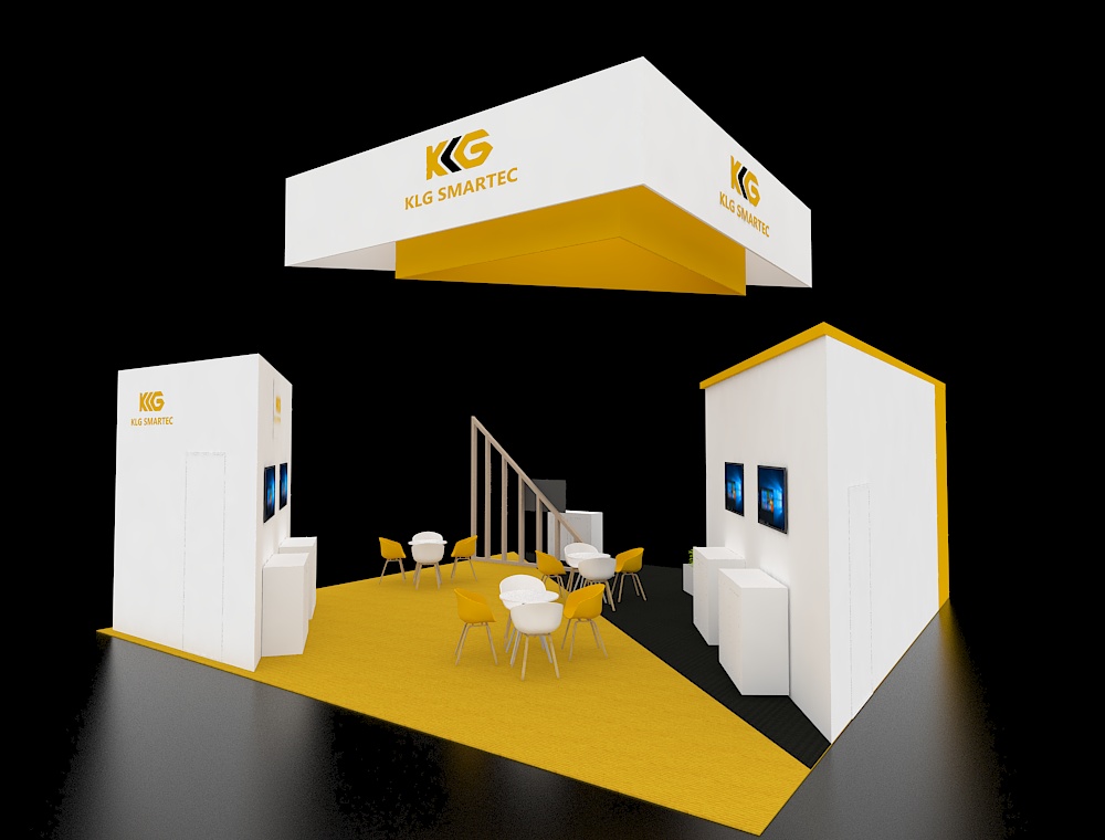 30x30 exhibit with corner counters and signage