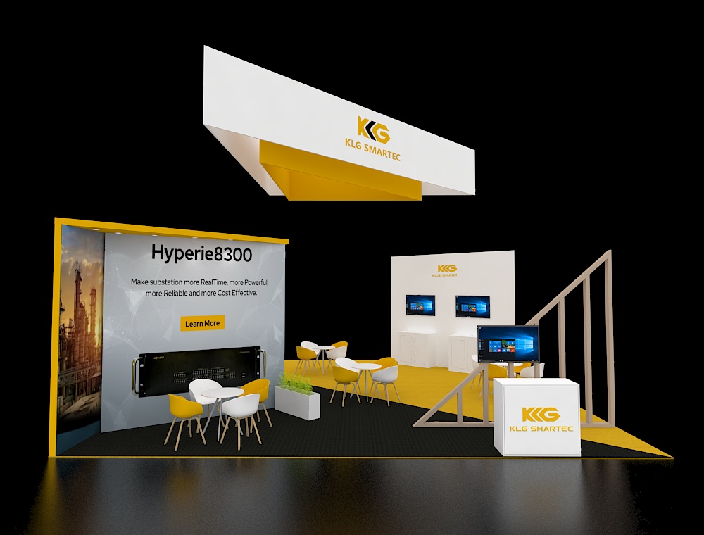 30x30 exhibit with corner counters and signage