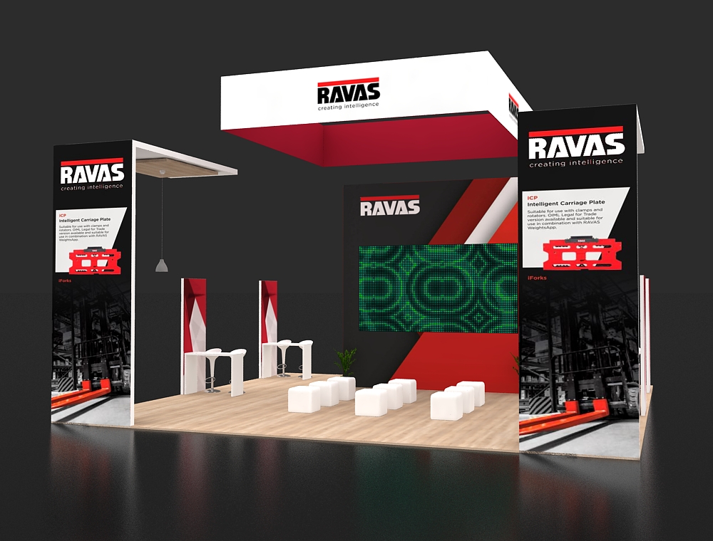 Trade show 30x30 booth with side product walls