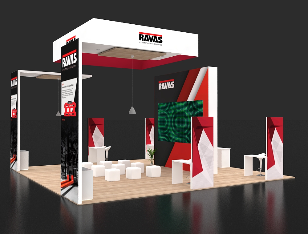 Trade show 30x30 booth with side product walls