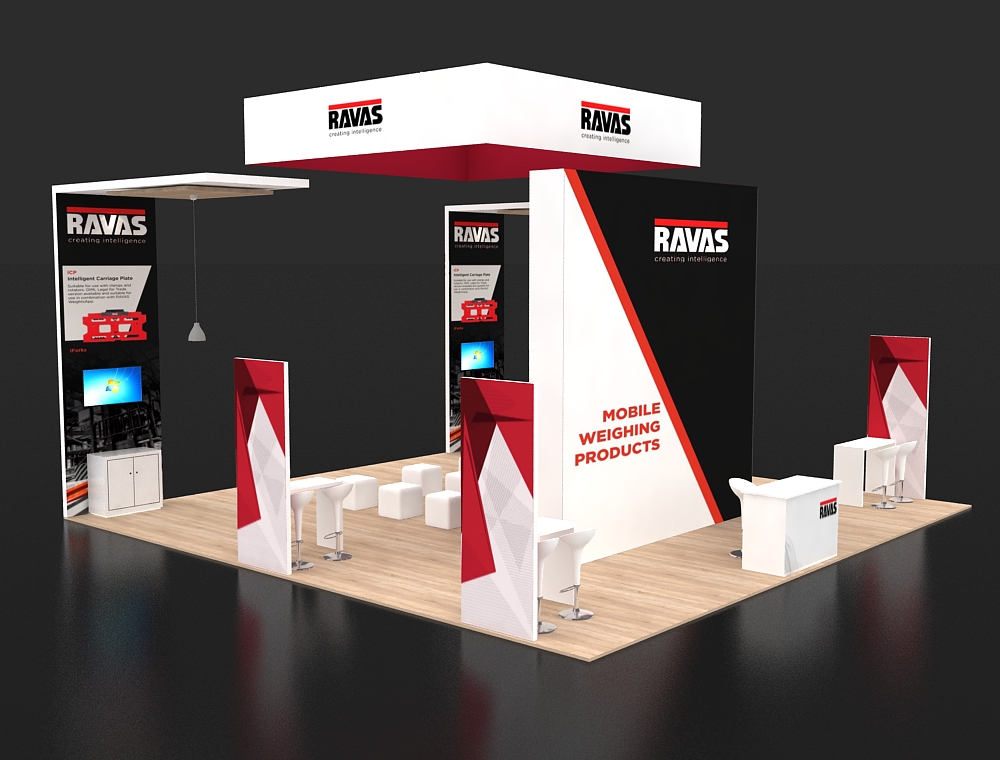 Trade show 30x30 booth with side product walls