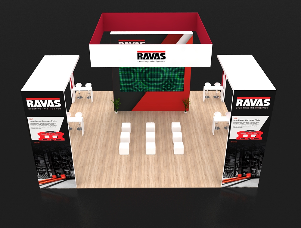 Trade show 30x30 booth with side product walls