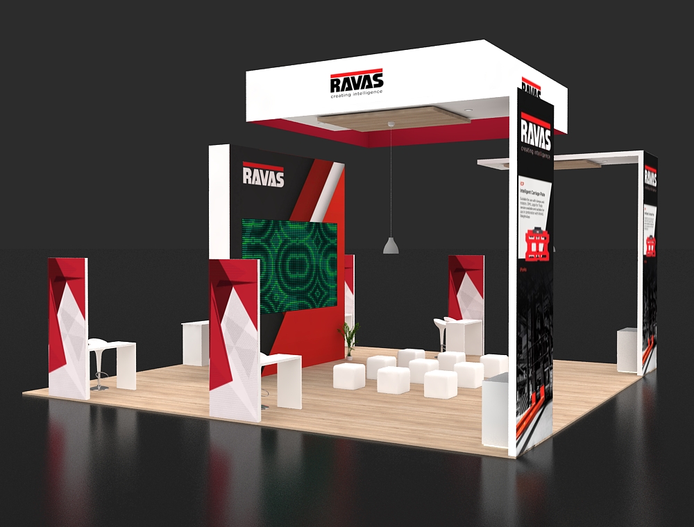 Trade show 30x30 booth with side product walls