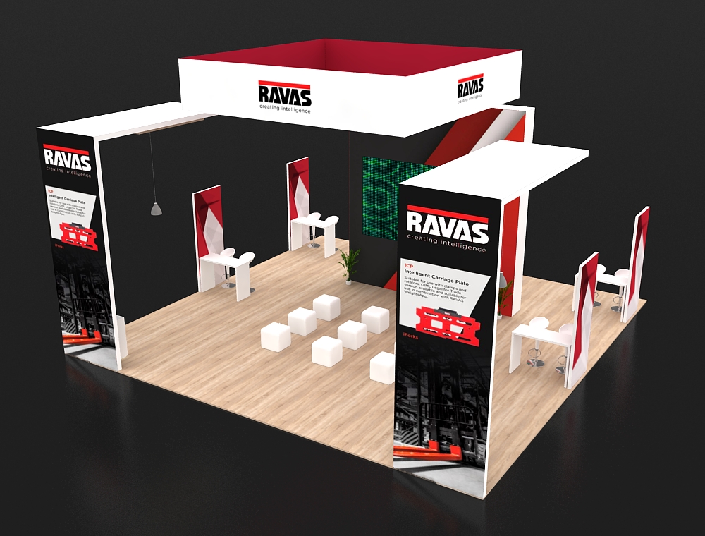 Trade show 30x30 booth with side product walls