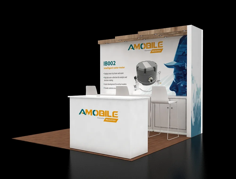 10×10 trade show display with overhead lighting