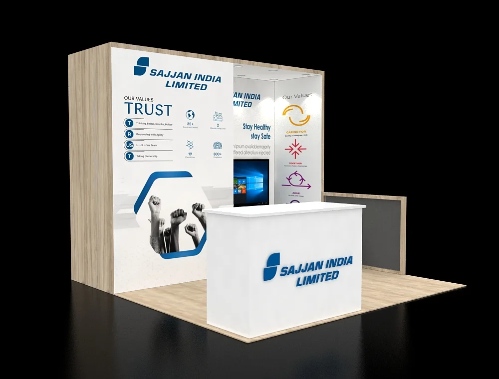 Compact 10×10 exhibit booth with illuminated shelving