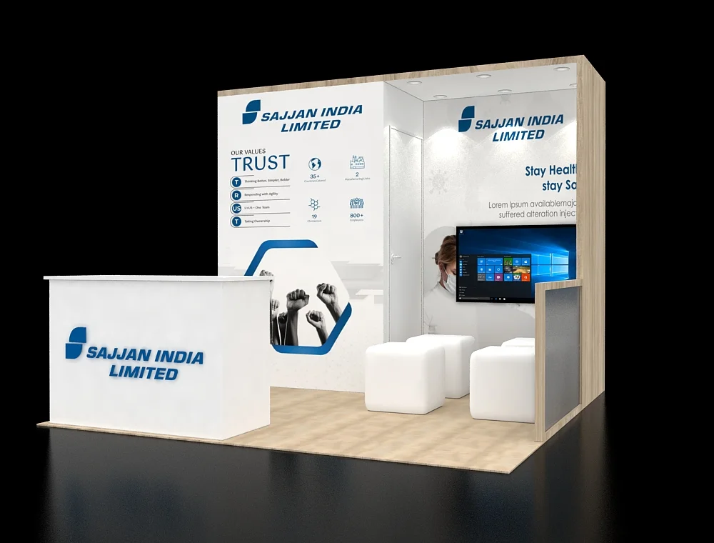 Compact 10×10 exhibit booth with illuminated shelving