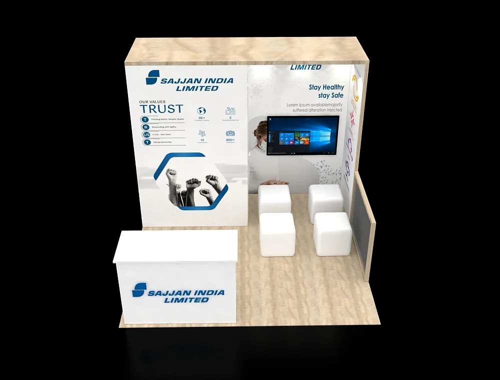 Compact 10×10 exhibit booth with illuminated shelving