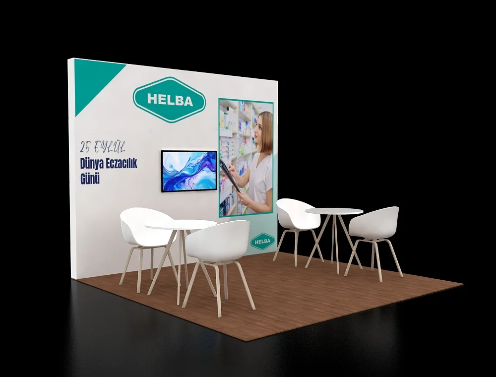 10×10 booth featuring curved header signage