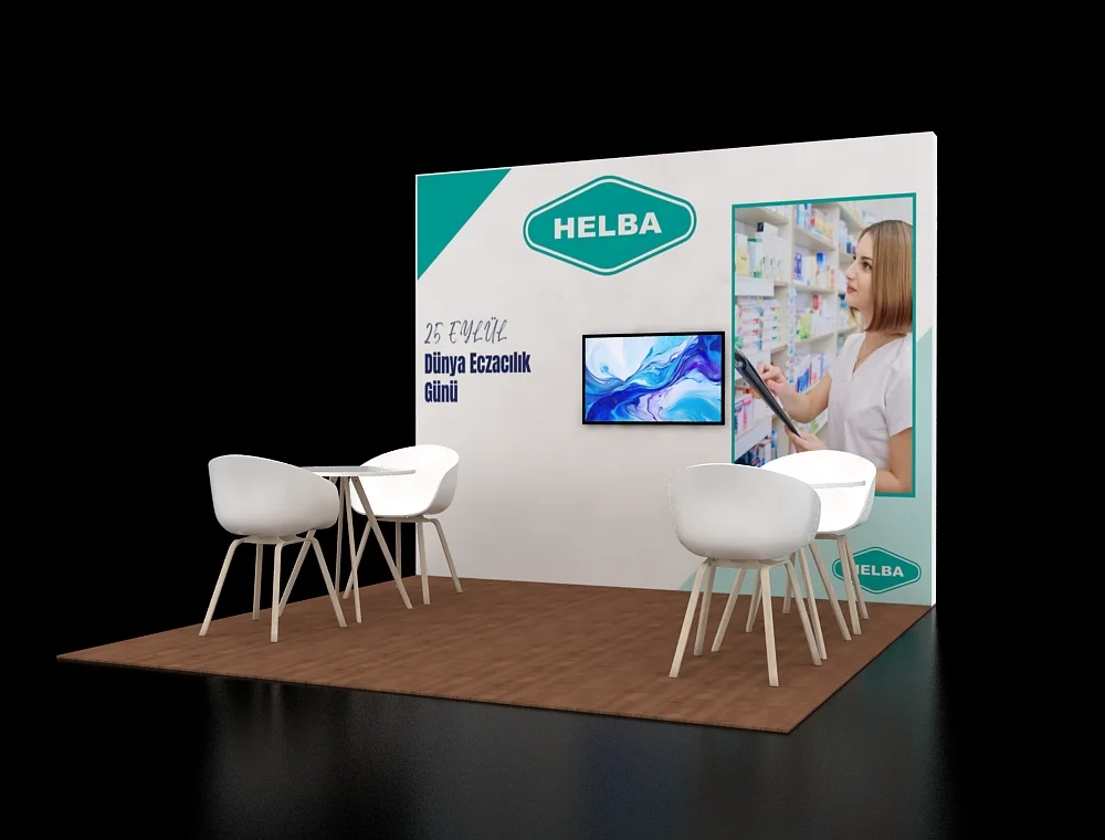 10×10 booth featuring curved header signage