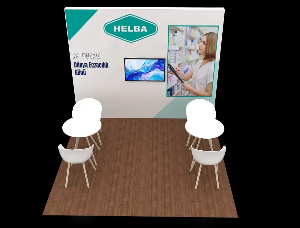 10×10 booth featuring curved header signage