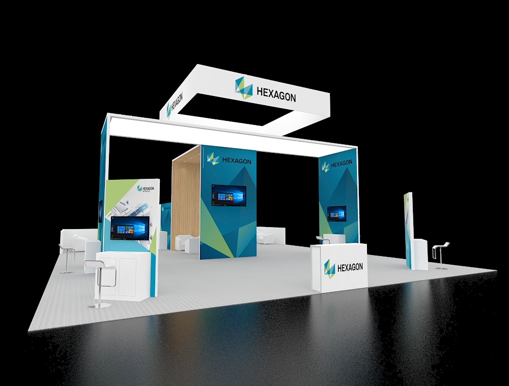 40x40 booth with central reception and LED wall