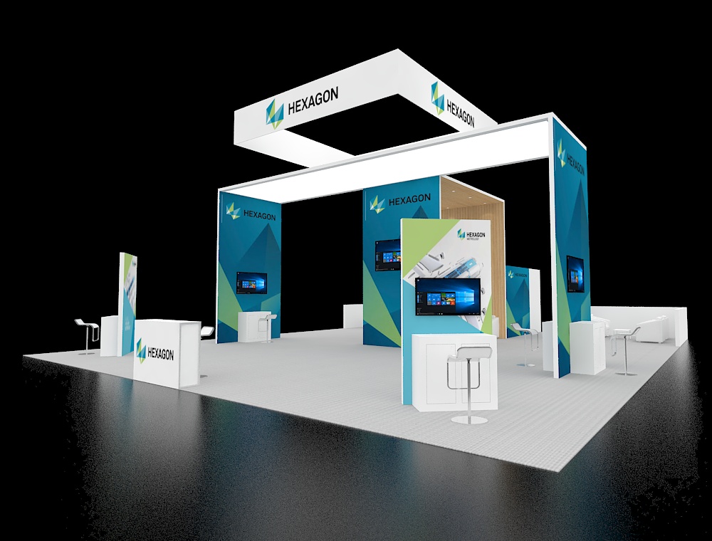 40x40 booth with central reception and LED wall