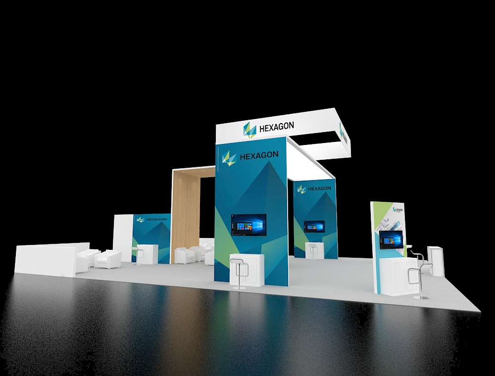 40x40 booth with central reception and LED wall