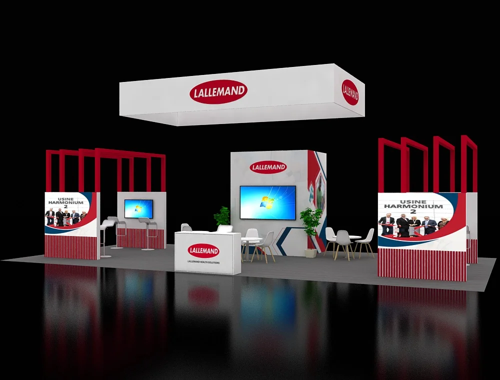 20x40 booth featuring brand promotions and graphics