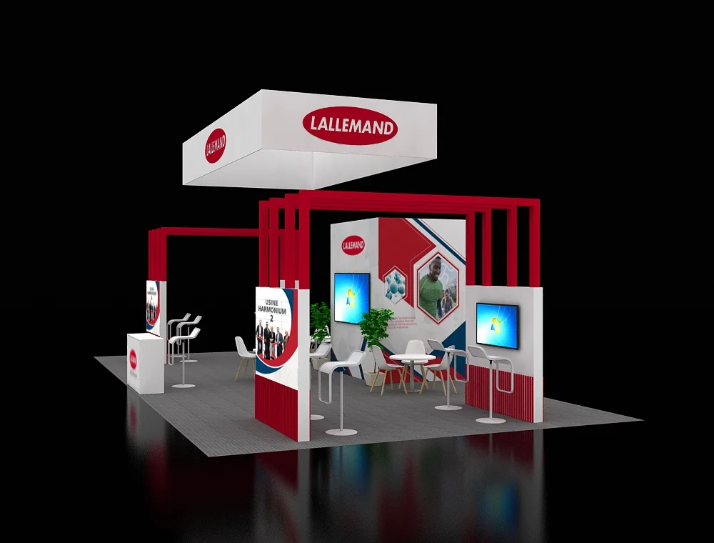 20x40 booth featuring brand promotions and graphics