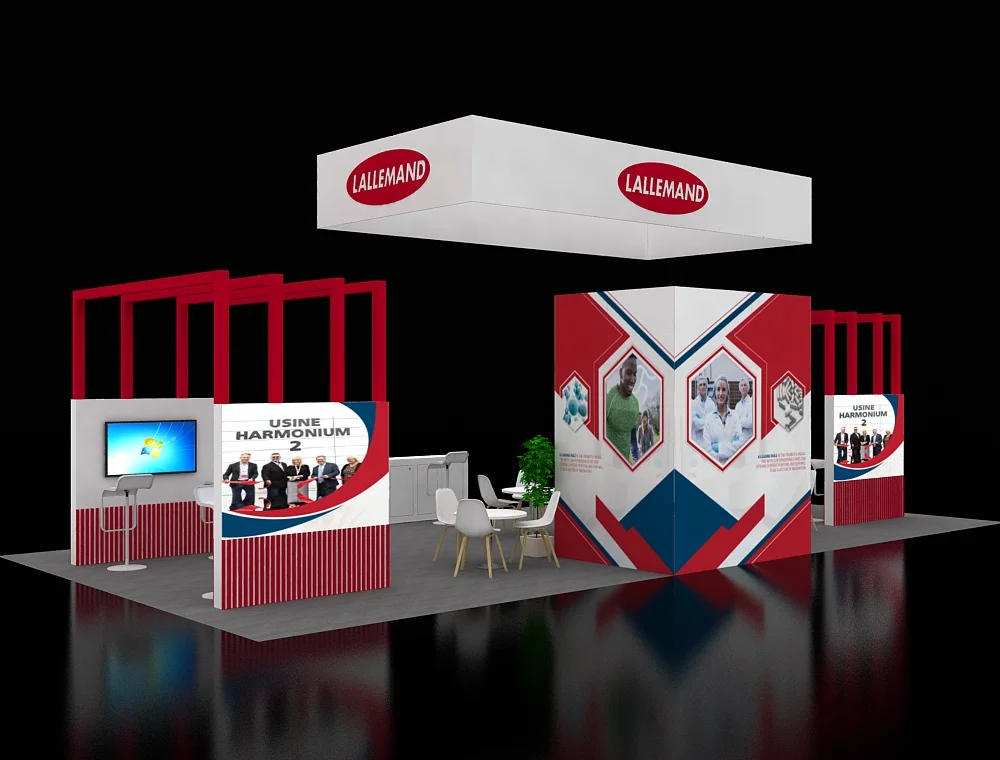 20x40 booth featuring brand promotions and graphics