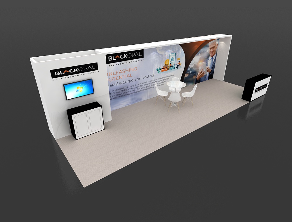 Trade booth 10x30 with dual reception desks