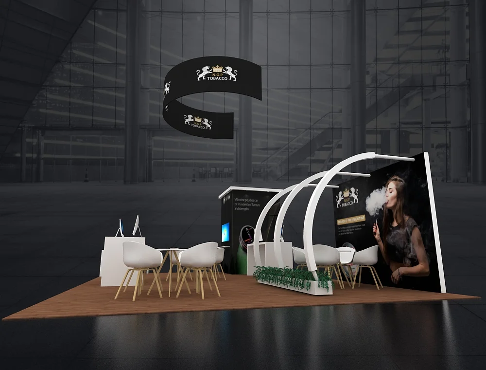 20x30 booth design with tall graphic wall