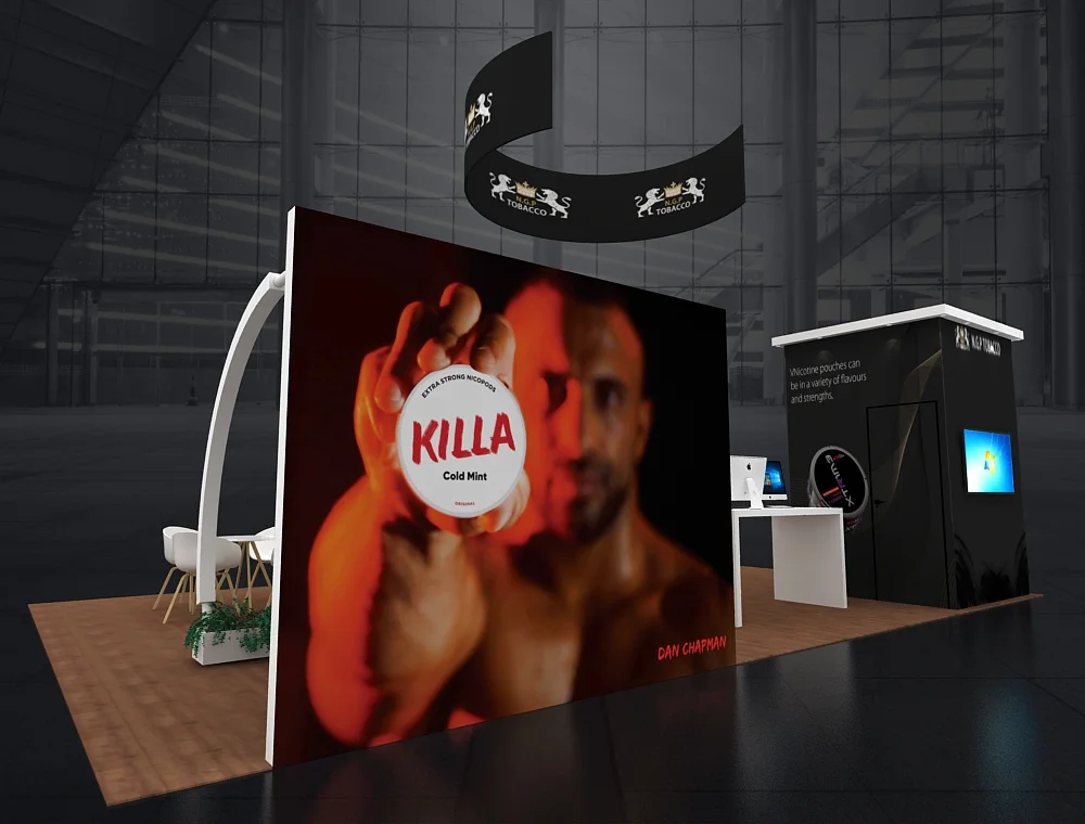 20x30 booth design with tall graphic wall