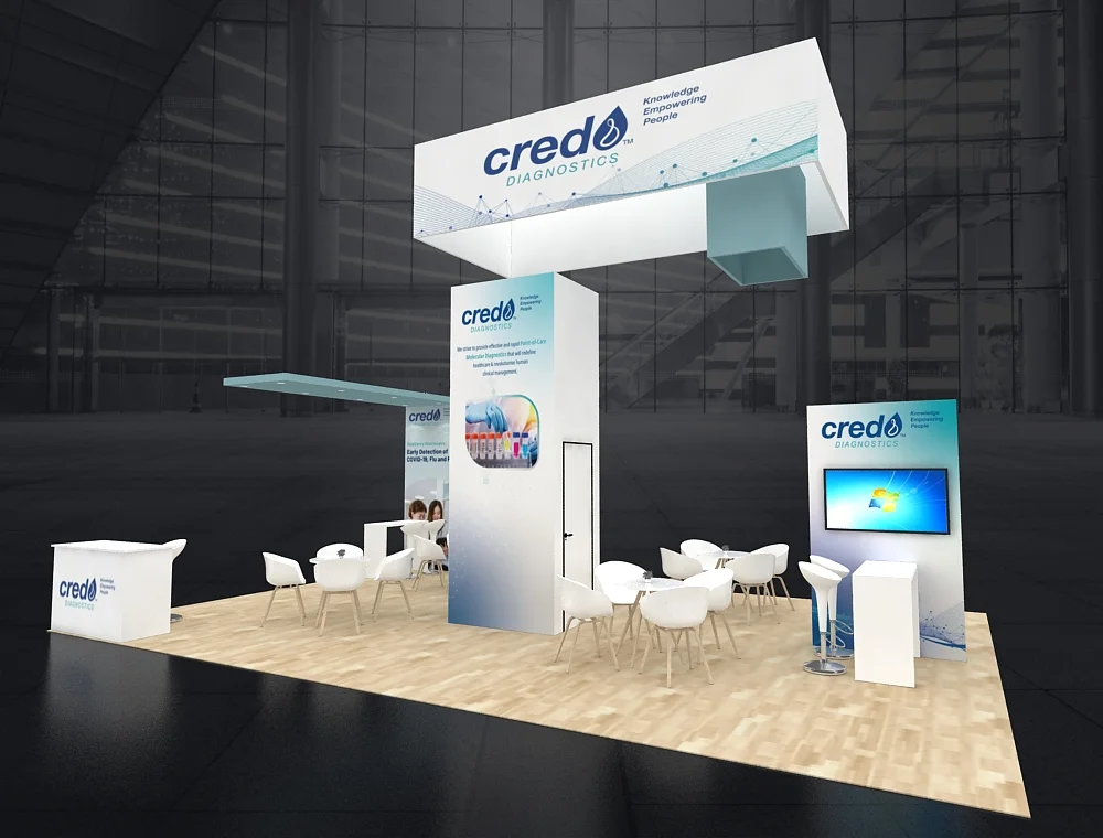 Trade booth 20x30 with corner demo stations